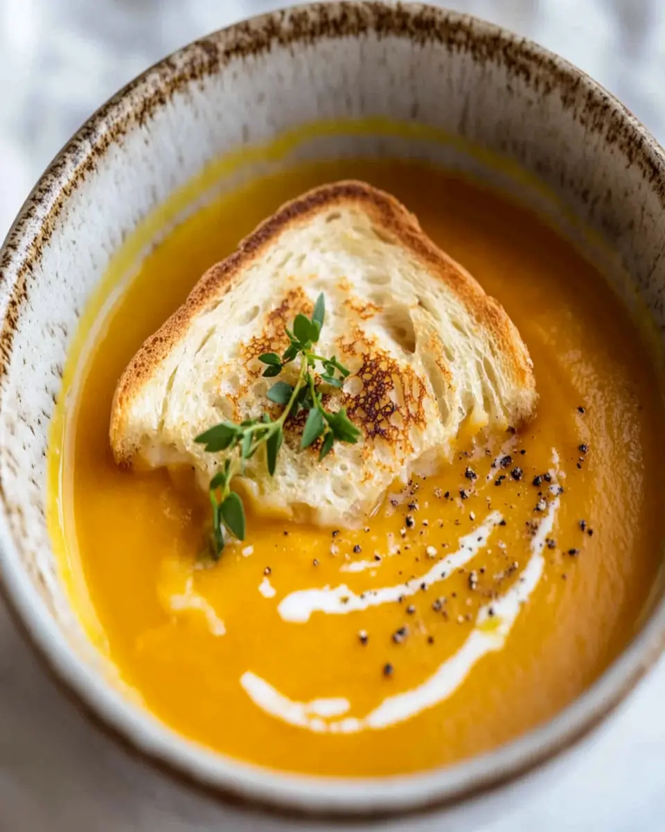 Super quick pumpkin soup with floating cheese toastie First Image First Image