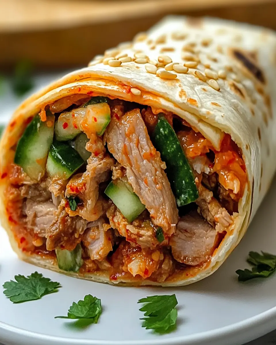 Savory Korean Burrito with Slow Cooked Pork and Kimchi Mayo First Image First Image