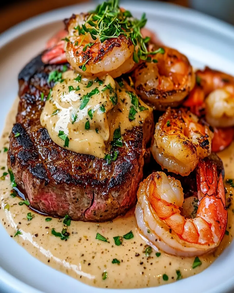 GARLIC BUTTER STEAK & SHRIMP WITH CREAMY HERB SAUCE First Image First Image