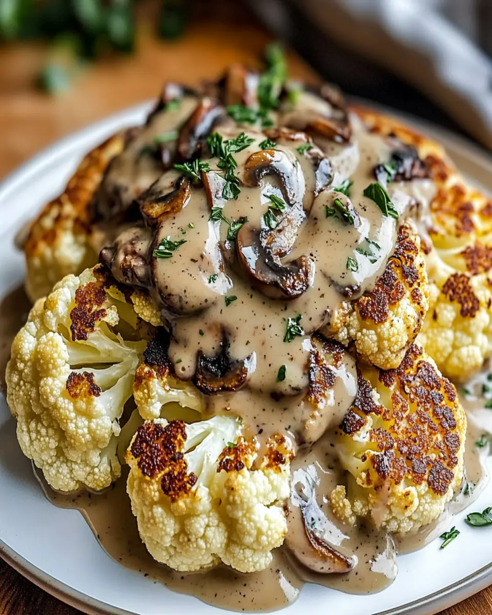 roasted cauliflower steaks with creamy mushroom sauce First Image First Image